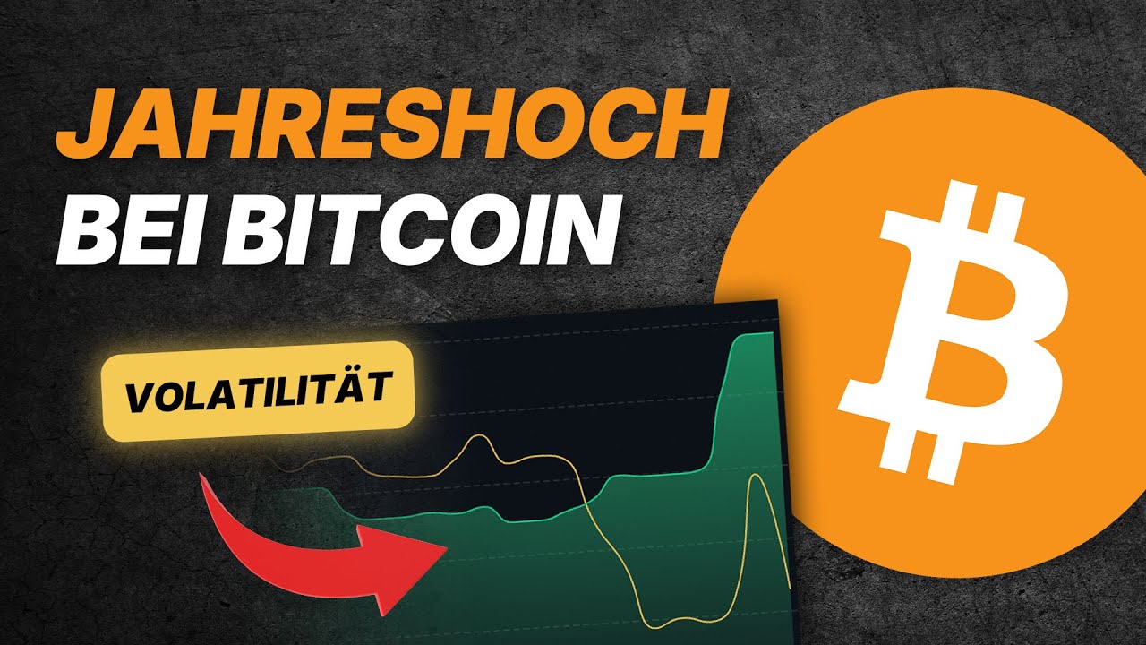 Ein Diagramm veranschaulicht die Volatilität von Bitcoin. Das Wort „Jahreshoch“ ist deutlich sichtbar neben einem großen Bitcoin-Logo auf einem strukturierten grauen Hintergrund zu sehen.