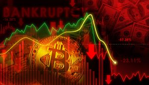 Bitcoin ist umgeben von Finanzbildern, darunter Dollarscheine und Diagramme mit starken Kursrückgängen, überlagert mit dem Wort „BANKROTT“ – ein Hinweis auf einen Krypto-Bärenmarkt. Prozentangaben in Rot und Grün deuten auf eine bevorstehende US-Rezession hin.