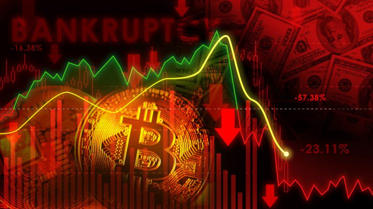 Bitcoin ist umgeben von Finanzbildern, darunter Dollarscheine und Diagramme mit starken Kursrückgängen, überlagert mit dem Wort „BANKROTT“ – ein Hinweis auf einen Krypto-Bärenmarkt. Prozentangaben in Rot und Grün deuten auf eine bevorstehende US-Rezession hin.