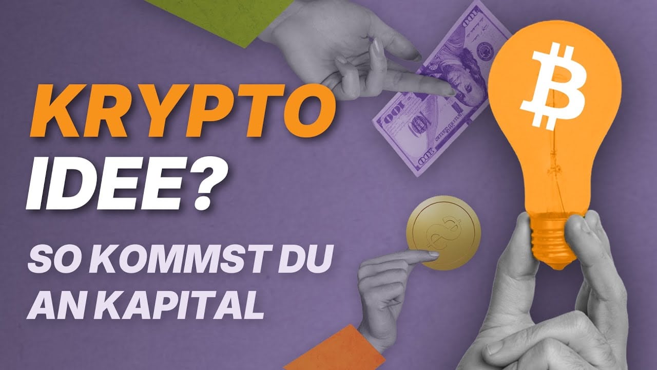 Eine Hand hält eine Bitcoin-Glühbirne, eine andere bietet einen Dollar an und eine dritte hält eine Münze. Text: „Krypto Idee? Mit Tipps von Sarah Gottwald kommst du an Kapital.“.