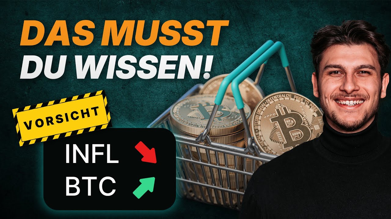 Ein lächelnder Mann steht neben einem Einkaufskorb voller Bitcoins. Der Text lautet „DAS MUSST DU WISSEN!“ und „VORSICHT“ neben grünen und roten Pfeilen, die die Inflationstrends anzeigen. Seien Sie vorsichtig, während Sie die neuesten Inflationsdaten zu Bitcoin verfolgen.