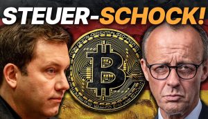 Zwei Männer stehen sich gegenüber, zwischen ihnen ein großes Bitcoin-Symbol. Im Hintergrund ist eine deutsche Flagge zu sehen, mit der Aufschrift „STEUER-SCHOCK!“ oben drauf. Dies unterstreicht die Bedeutung der Haltefrist für Kryptowährungs-Enthusiasten.