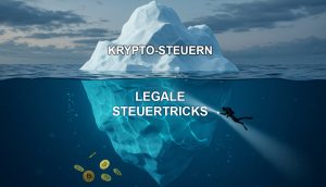 Ein Eisberg zeigt über Wasser „Krypto-Steuern“ und darunter „Legale Steuertricks“. Ein Taucher und Münzen treiben in der Nähe des unter Wasser liegenden Teils und symbolisieren versteckte Kryptowährungs-Steuerstrategien.