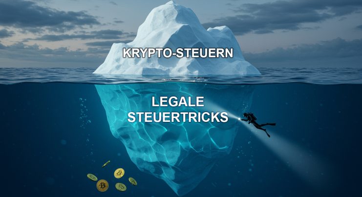 Ein Eisberg zeigt über Wasser „Krypto-Steuern“ und darunter „Legale Steuertricks“. Ein Taucher und Münzen treiben in der Nähe des unter Wasser liegenden Teils und symbolisieren versteckte Kryptowährungs-Steuerstrategien.
