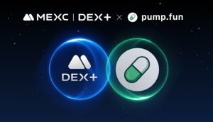 Die Logos von MEXC DEX+ und pump.fun schweben auf einem dunklen Hintergrund mit leuchtenden Kreisen und erzeugen so ein fesselndes Bild.