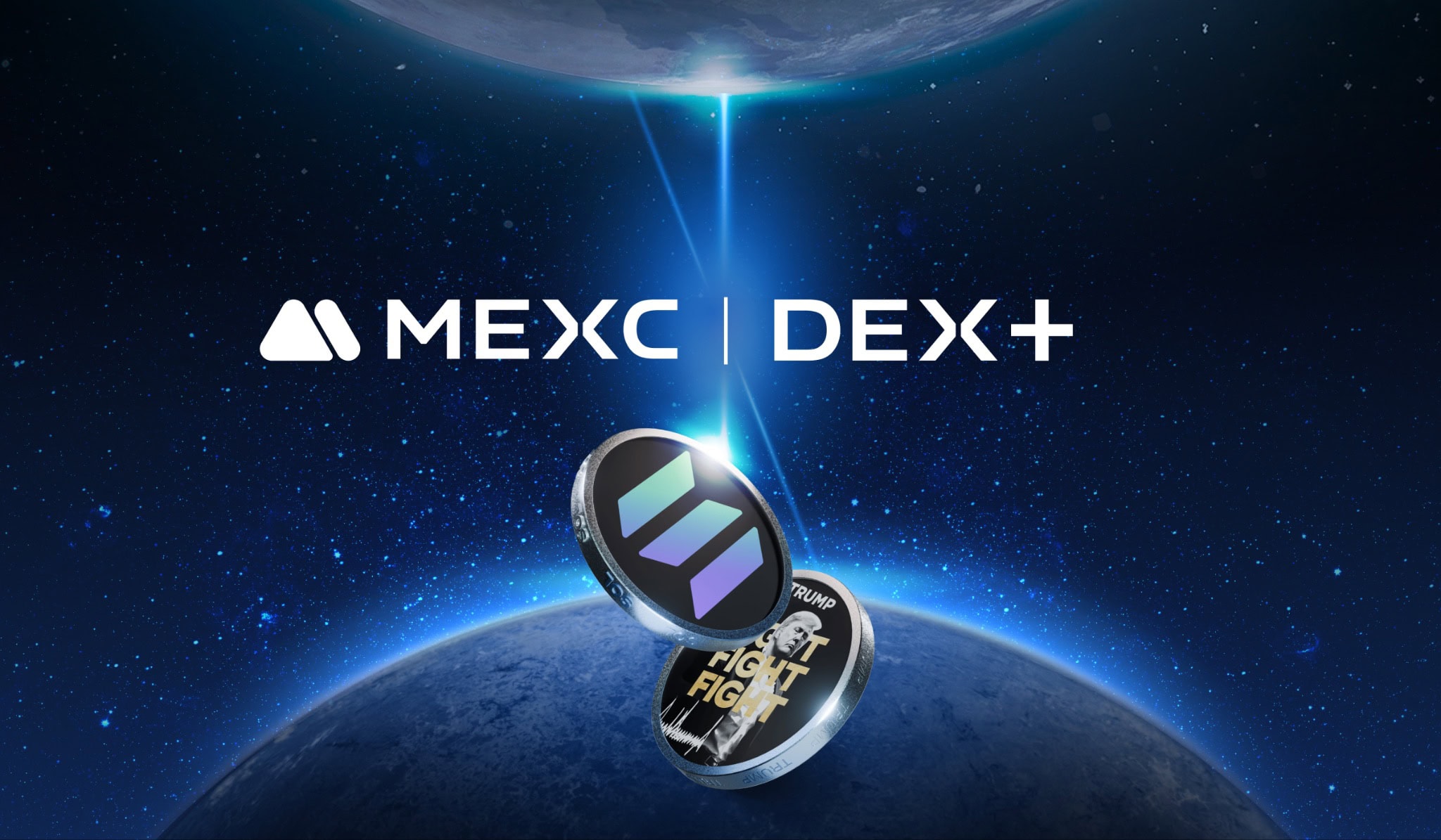 Das Logo von MEXC DEX+ zeigt zwei digitale Münzen vor einem kosmischen Hintergrund. Lichtstrahlen beleuchten eine Münze mit abstraktem Design und die andere mit der Aufschrift „FIGHT“. Inmitten dieser stellaren Szene deutet die Präsenz von USDe auf einen universellen Austausch hin.