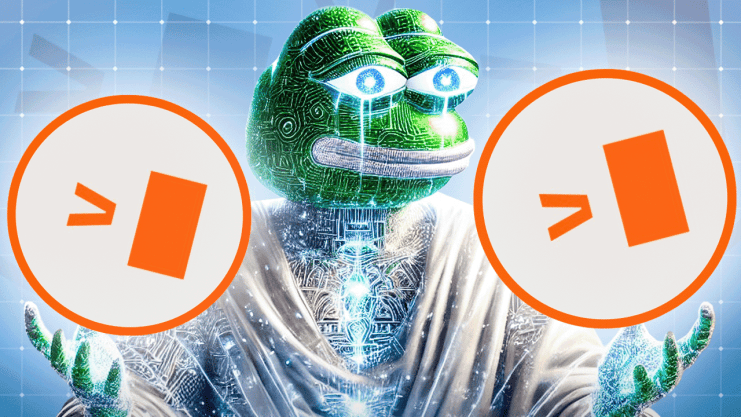 In einer digitalen, leuchtenden Umgebung greift ein grüner anthropomorpher Frosch im Umhang nach zwei orangefarbenen Symbolen und verkörpert damit die Konzentration eines ruhigen Geistes.