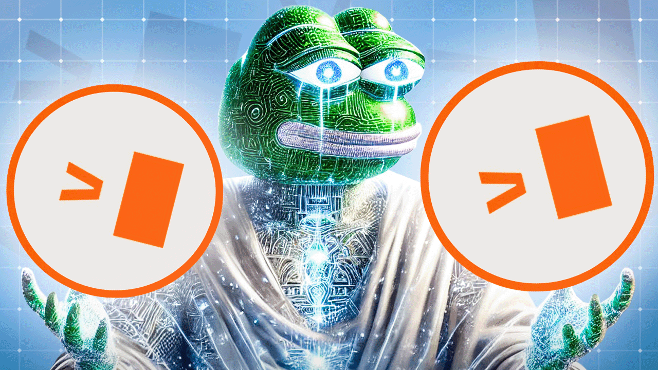 In einer digitalen, leuchtenden Umgebung greift ein grüner anthropomorpher Frosch im Umhang nach zwei orangefarbenen Symbolen und verkörpert damit die Konzentration eines ruhigen Geistes.