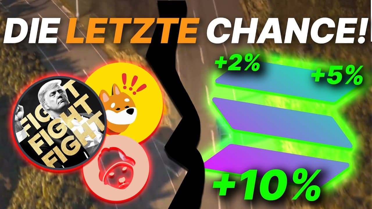 Die Collage mit dem Text „DIE LETZTE CHANCE!“ zeigt Logos digitaler Währungen, darunter einen Hund und einen Helm, inmitten steigender Prozentsätze (+2 %, +5 %, +10 %). Solana steht im Mittelpunkt dieses Comeback-Bildes, geteilt durch einen kräftigen schwarzen Riss.