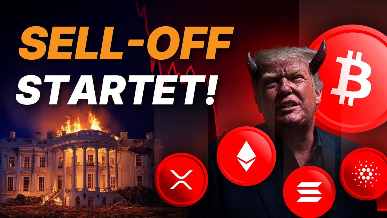 Dramatisches Bild mit dem Text „SELL-OFF STARTET!“, einem brennenden weißen Haus, einer Person mit Teufelshörnern und Kryptowährungslogos (XRP, Ethereum, Solana, Cardano, Bitcoin), das das Chaos eines Krypto-Gipfels einfängt.