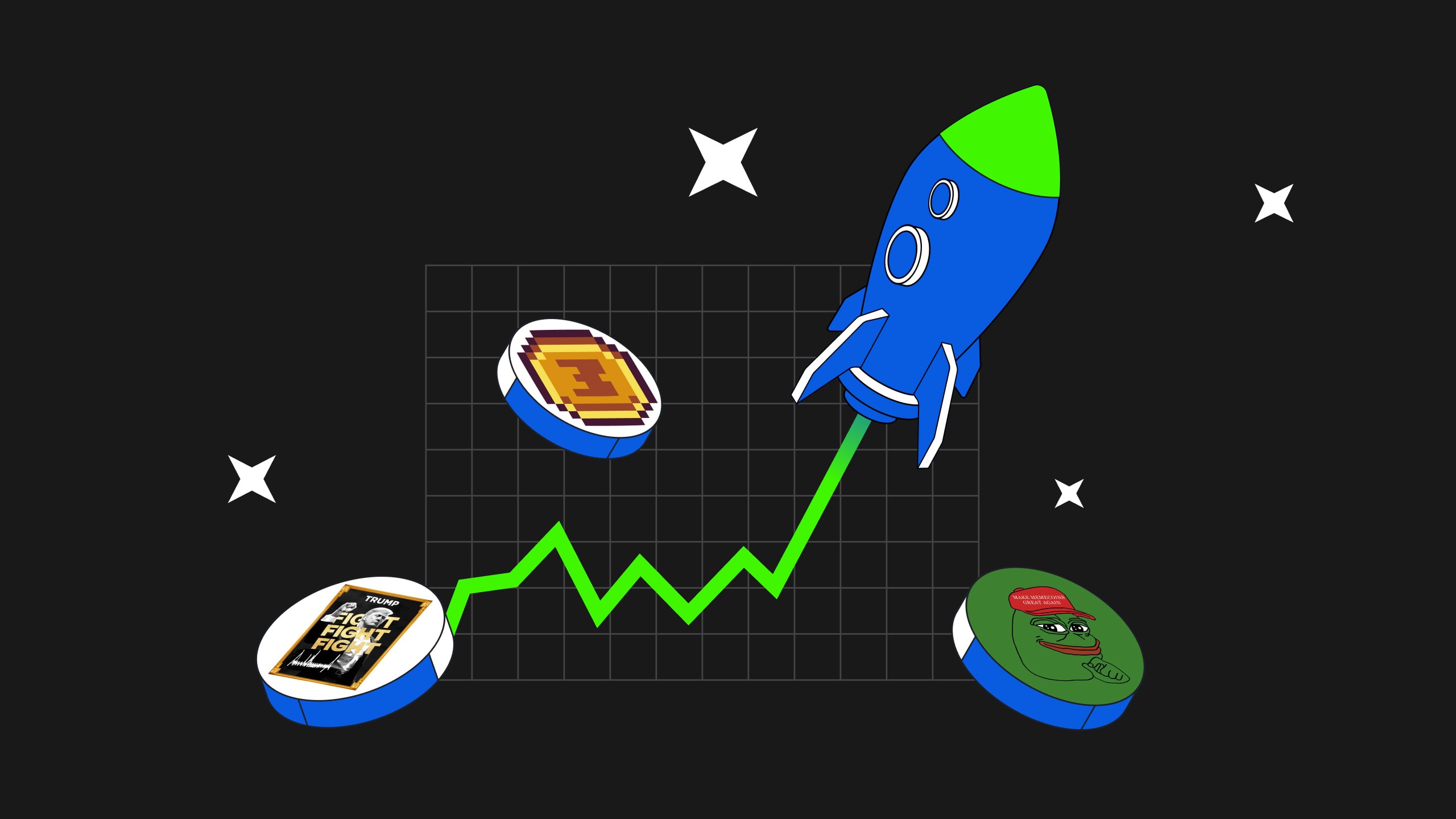 Eine blaue Rakete aus der Pilotzone steigt auf einer grünen Graphenlinie inmitten von Münzen auf, die verschiedene Bilder auf einem dunklen Hintergrund mit Sternen zeigen.