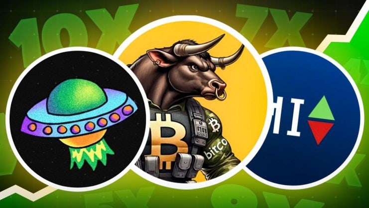 Grafik mit drei kreisförmigen Symbolen: ein UFO, ein muskulöser Bulle mit Bitcoin-Symbolen und ein Logo mit grünen und roten Pfeilen auf blauem Hintergrund. Der Hintergrund zeigt SOLX, 10X und Diagrammlinien für ein elektrisierendes visuelles Erlebnis.
