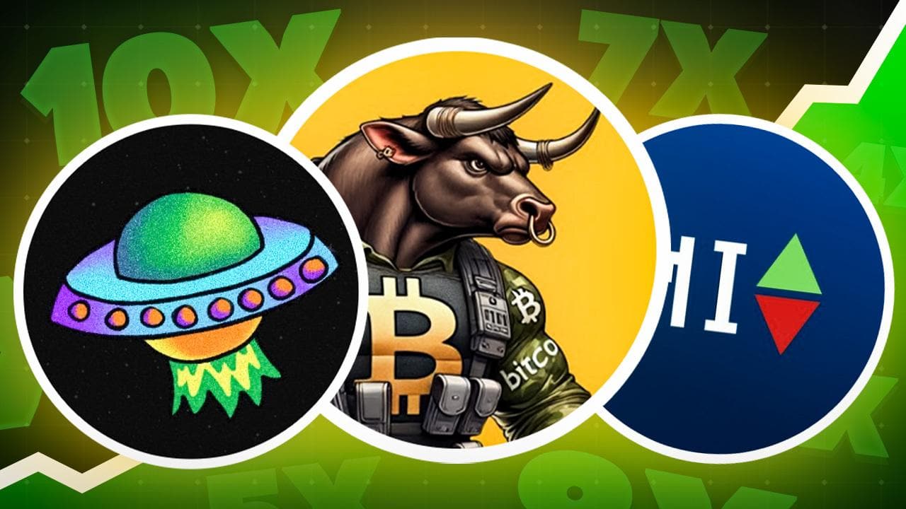 Grafik mit drei kreisförmigen Symbolen: ein UFO, ein muskulöser Bulle mit Bitcoin-Symbolen und ein Logo mit grünen und roten Pfeilen auf blauem Hintergrund. Der Hintergrund zeigt SOLX, 10X und Diagrammlinien für ein elektrisierendes visuelles Erlebnis.