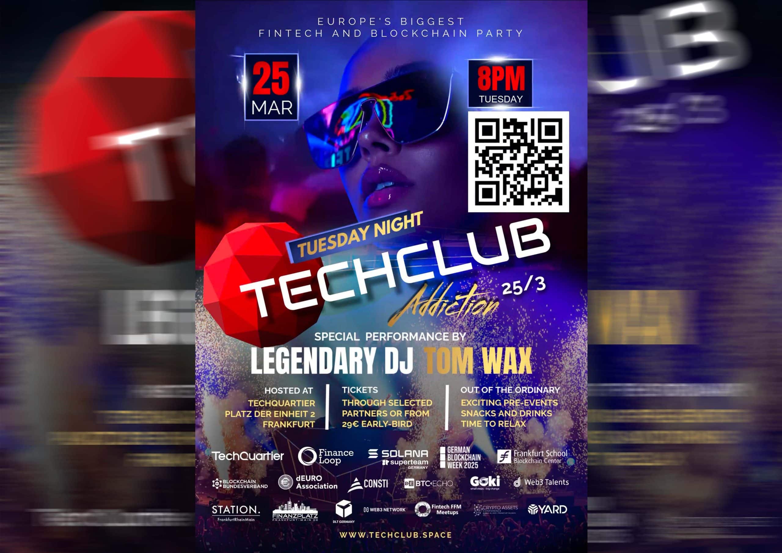Flyer zum „Tuesday Night TechClub“ am 25. März um 20 Uhr. Mit DJ-Performance, QR-Code und verschiedenen Sponsoren. Veranstaltungsort: The Cumber Park, Frankfurt.