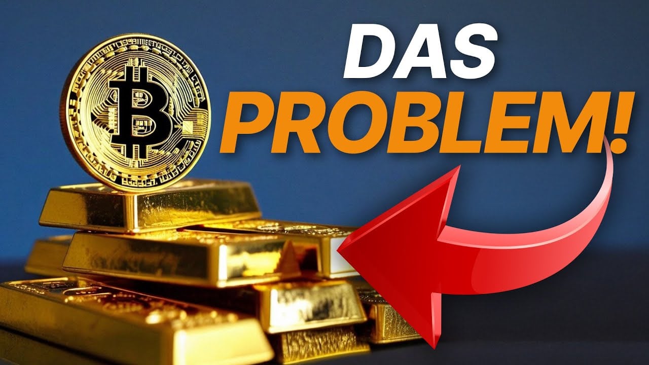 Auf einem Stapel Goldbarren befindet sich ein Bitcoin-Symbol, umgeben von den Worten „DAS PROBLEM!“ und einem roten Pfeil, der direkt auf das Symbol zeigt und so auf die sich verändernde Zukunft des Geldes hinweist.