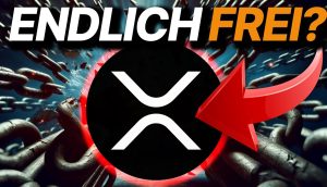 XRP-Investoren werden das dynamische XRP-Logo vor dem Hintergrund brechender Ketten und einem kräftigen roten Pfeil zu schätzen wissen. Oben stellt der Text „ENDLICH FREI?“ eine eindringliche Frage und lädt zum Nachdenken über die eigene Investitionsgeschichte ein.