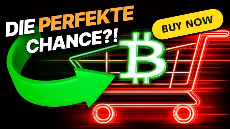 Bild eines stilisierten Einkaufswagens mit einem Bitcoin-Symbol darin. Der deutsche Text „DIE PERFEKTE CHANCE?!“ und „Jetzt kaufen“ auf einem gelben Button vermitteln Hoffnung. Ein grüner Pfeil, der auf den Einkaufswagen zeigt, unterstreicht die dynamische Krypto-Markt-Chance.