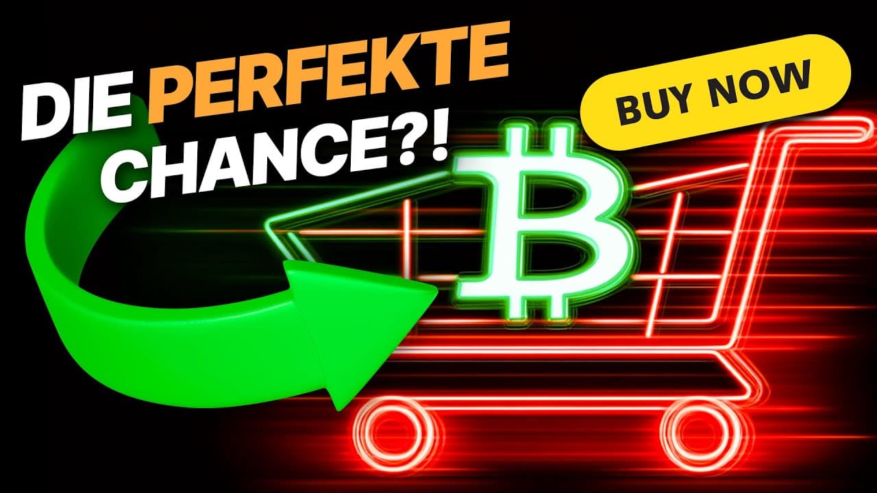 Bild eines stilisierten Einkaufswagens mit einem Bitcoin-Symbol darin. Der deutsche Text „DIE PERFEKTE CHANCE?!“ und „Jetzt kaufen“ auf einem gelben Button vermitteln Hoffnung. Ein grüner Pfeil, der auf den Einkaufswagen zeigt, unterstreicht die dynamische Krypto-Markt-Chance.