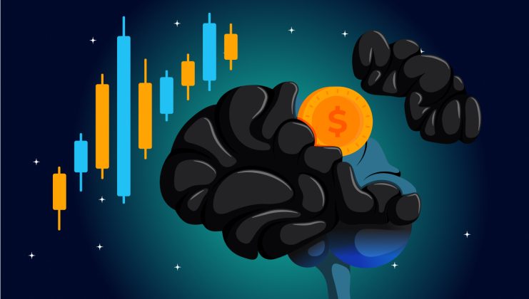 Abstrakte Illustration eines Gehirns, einer Münze mit Dollarzeichen sowie blau-gelben Finanzkerzen auf dunklem Hintergrund. Das Kunstwerk erinnert an das Konzept von DeepSeek und verbindet Intellekt und Finanzen in einer geheimnisvollen visuellen Reise.