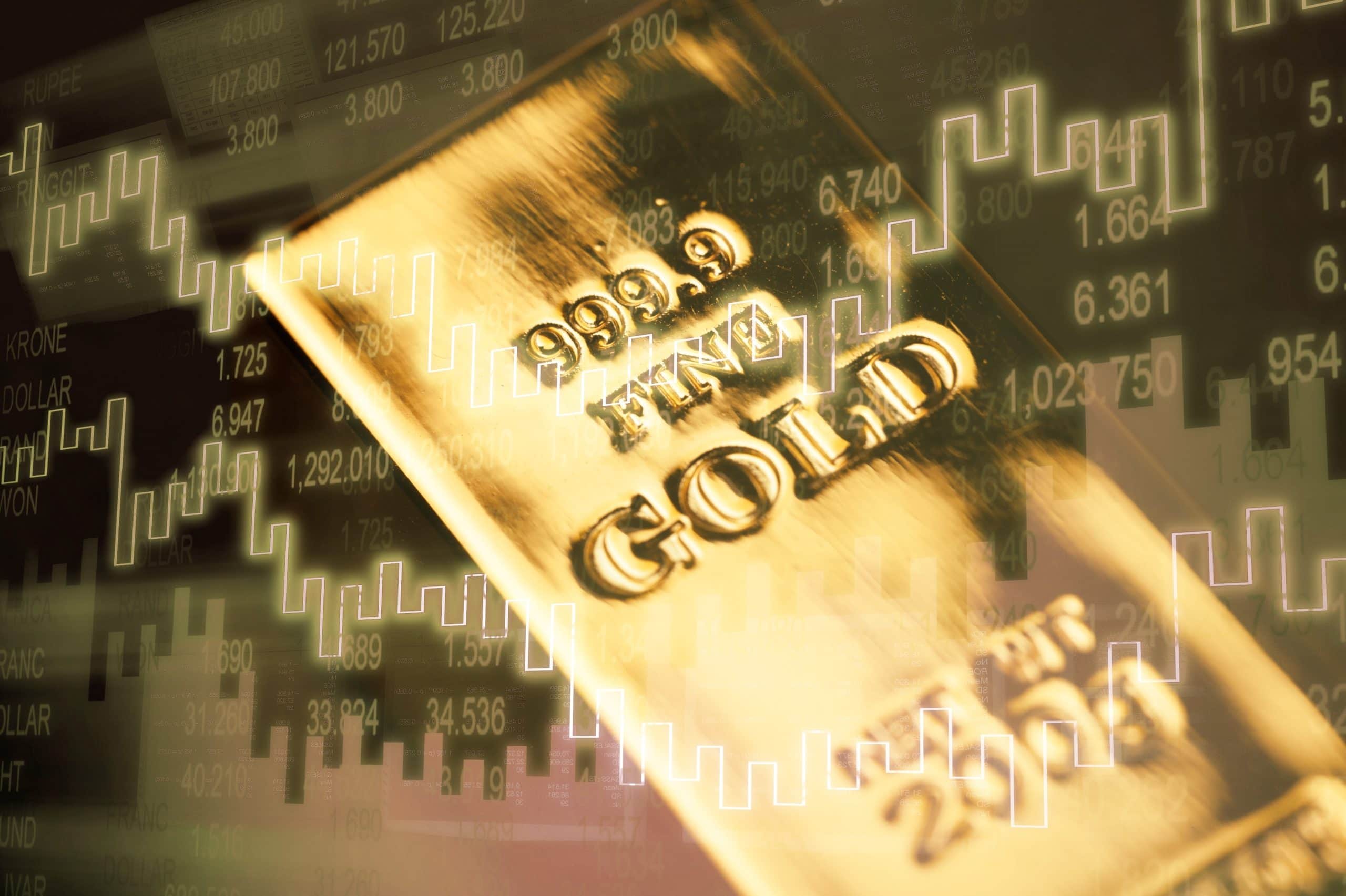 Ein glänzender Goldbarren mit der Aufschrift „999,9 Feingold“ steht vor einem verschwommenen Finanzdiagramm und fängt die Essenz der wechselnden Markttrends und den Reiz einer Goldinvestition ein.