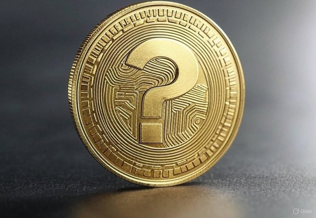 Eine Bitcoin-Goldmünze mit einem Fragezeichensymbol und komplizierten kreislaufähnlichen Mustern auf einer dunklen, reflektierenden Oberfläche.