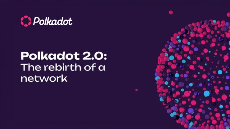 Werbegrafik für Polkadot 2.0 mit dem Text „Die Wiedergeburt eines Netzwerks“ neben einer Kugel aus bunten Punkten auf dunklem Hintergrund, die die Essenz der Innovation von Polkadot verkörpert.