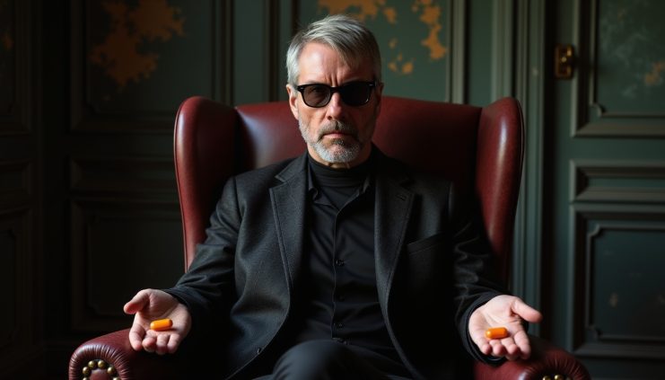 Michael Saylor sitzt in einem roten Sessel und trägt einen dunklen Anzug. In jeder Hand hält er eine orangefarbene Pille, was an die Wahl zwischen der Zukunft von Bitcoin und dem Verbleib im alten System erinnert.