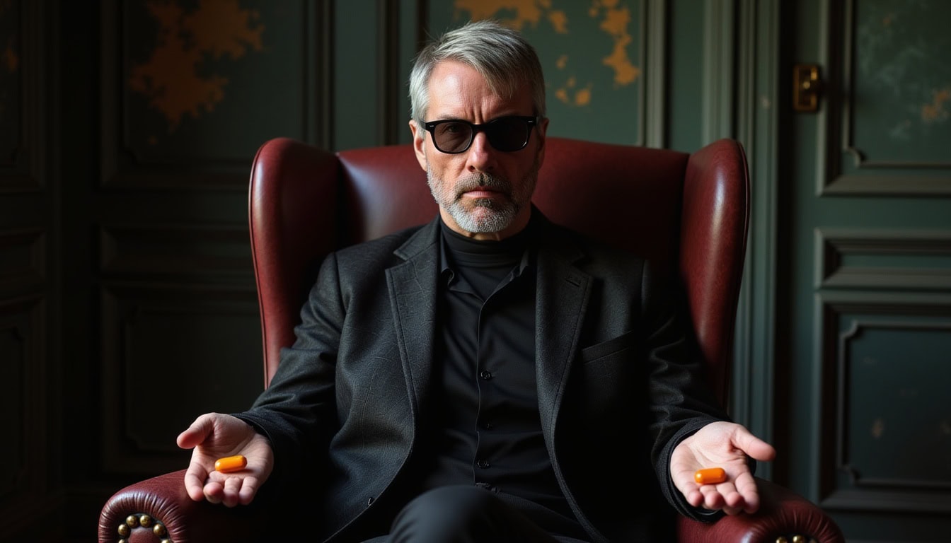 Michael Saylor sitzt in einem roten Sessel und trägt einen dunklen Anzug. In jeder Hand hält er eine orangefarbene Pille, was an die Wahl zwischen der Zukunft von Bitcoin und dem Verbleib im alten System erinnert.