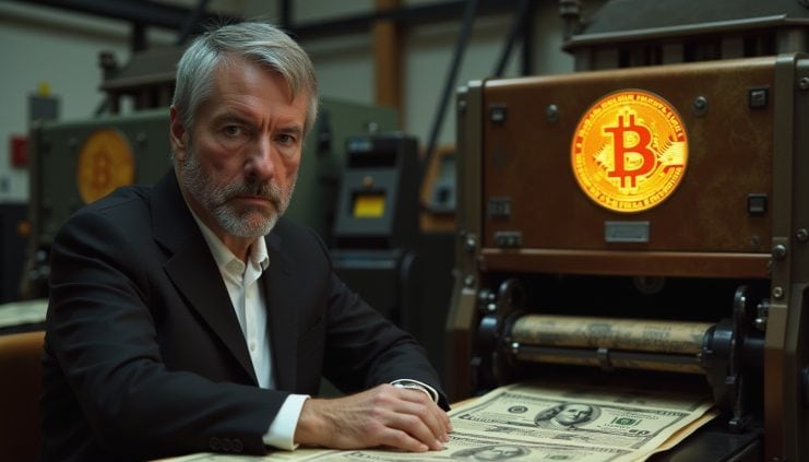 Ein Mann im Anzug sitzt neben einer Maschine, die große, mit Bitcoin-Symbolen verzierte Scheine druckt. Um diese Kreation des perfekten Geldes herum entfaltet sich eine industrielle Szene.
