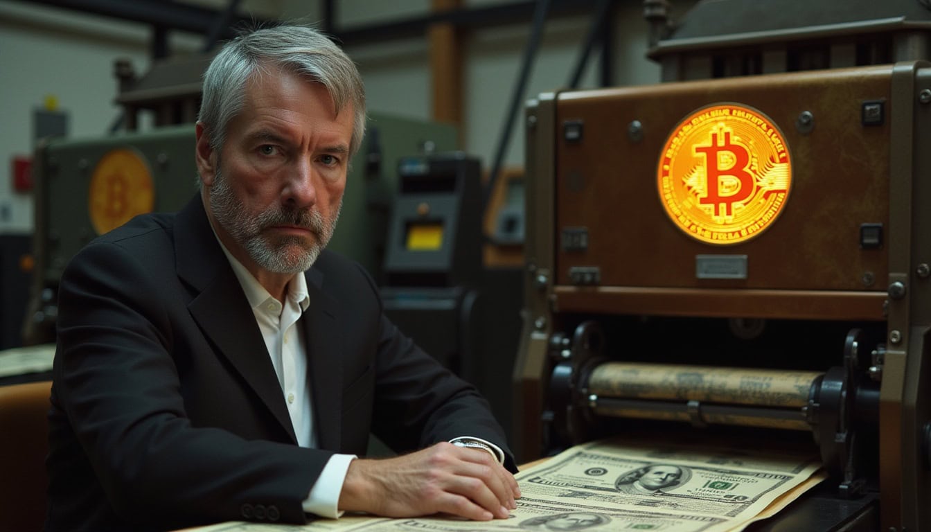 Ein Mann im Anzug sitzt neben einer Maschine, die große, mit Bitcoin-Symbolen verzierte Scheine druckt. Um diese Kreation des perfekten Geldes herum entfaltet sich eine industrielle Szene.