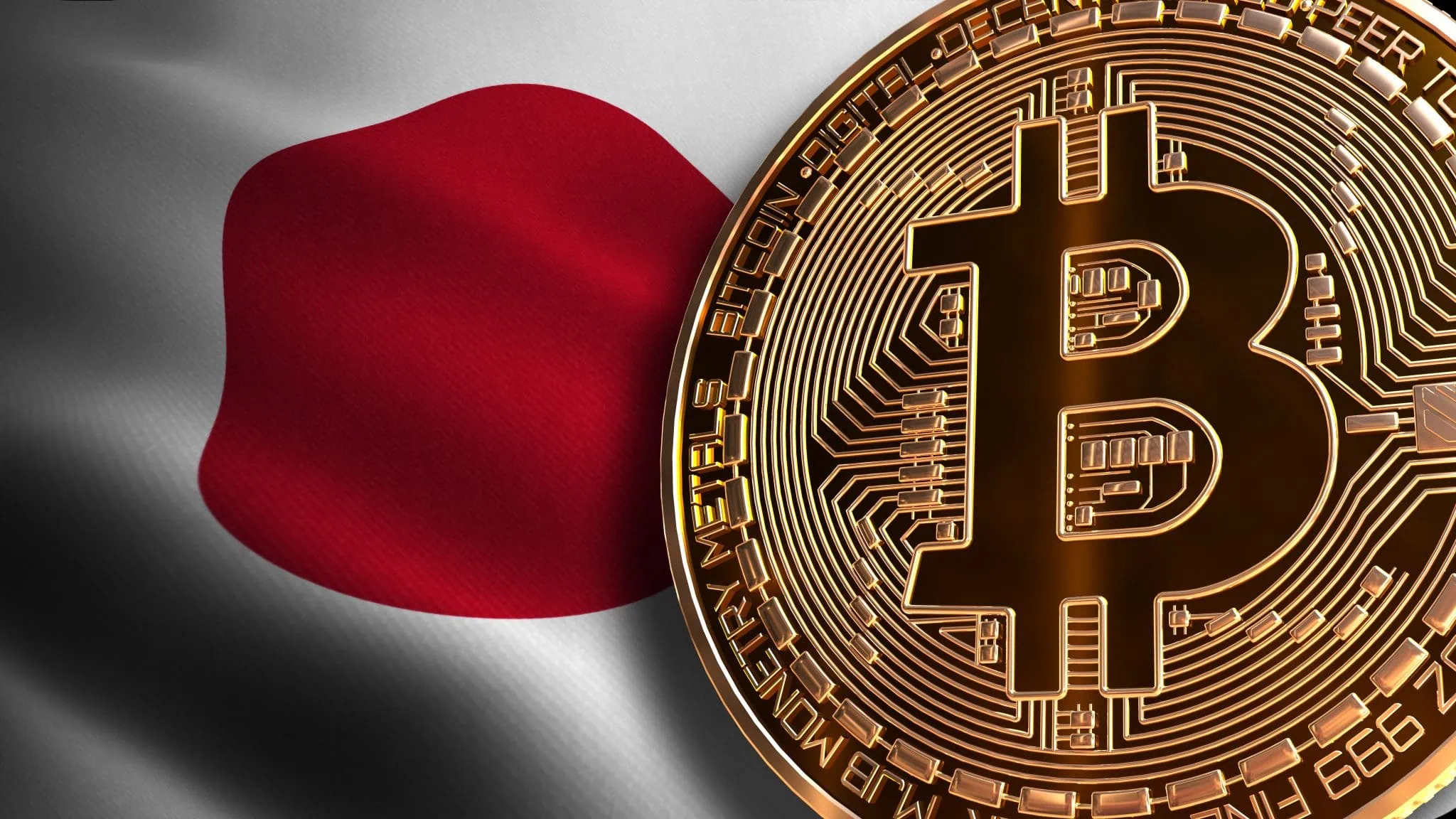 Ein goldenes Bitcoin-Logo ist elegant vor dem Hintergrund einer japanischen Flagge platziert und symbolisiert die Verbindung von Tradition und modernem digitalen Reichtum.