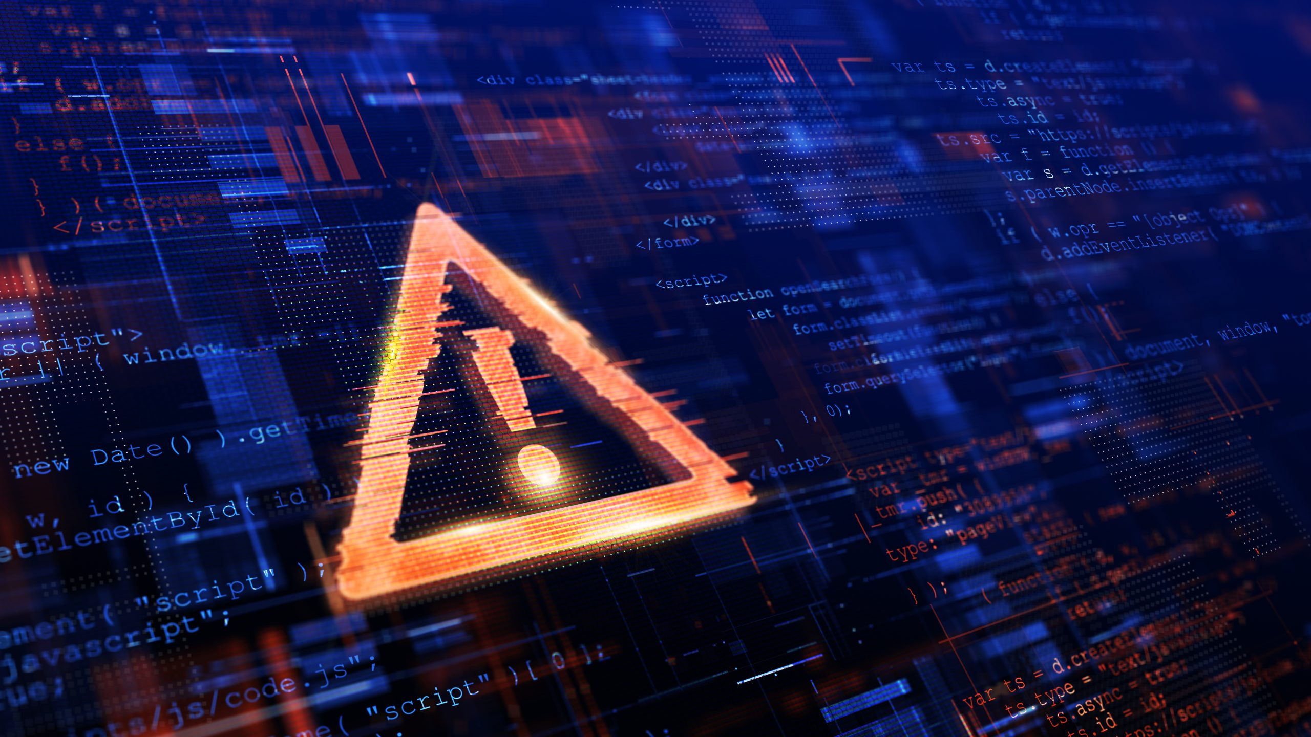 Ein leuchtendes Warnsymbol überlagert einen mit Code gefüllten digitalen Bildschirm, ähnlich wie ein wachsamer Wächter Ihrer digitalen Geldbörse, und zeigt eine Warnung oder einen Alarm im Zusammenhang mit der Cybersicherheit an.