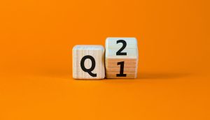 Zwei Holzblöcke auf orangefarbenem Hintergrund zeigen deutlich den Buchstaben „Q“ auf dem ersten Block und die Zahl „2“ auf dem zweiten, was subtil auf den bemerkenswerten Anstieg von Bitcoin im zweiten Quartal hinweist.