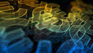 Mehrere überlappende Eurosymbole in Gelb- und Blautönen erzeugen einen abstrakten Effekt auf dunklem Hintergrund und spiegeln die innovative Vision des Euro-Stablecoin der dEURO Association wider, eine stärker dezentrale Finanzlandschaft zu fördern.