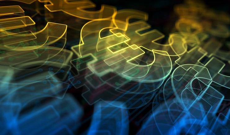 Mehrere überlappende Eurosymbole in Gelb- und Blautönen erzeugen einen abstrakten Effekt auf dunklem Hintergrund und spiegeln die innovative Vision des Euro-Stablecoin der dEURO Association wider, eine stärker dezentrale Finanzlandschaft zu fördern.