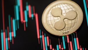 Eine goldene Ripple-Münze (XRP) ist vor einem Hintergrund aus roten und grünen Finanz-Candlestick-Charts platziert.