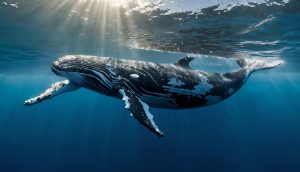 Ein Buckelwal schwimmt knapp unter der Meeresoberfläche, während das Sonnenlicht wie eine Spur aus Bitcoin-Energie im tiefen Blau durch das Wasser strömt.