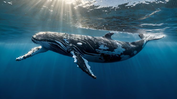 Ein Buckelwal schwimmt knapp unter der Meeresoberfläche, während das Sonnenlicht wie eine Spur aus Bitcoin-Energie im tiefen Blau durch das Wasser strömt.
