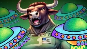 Illustration eines anthropomorphen Stiers in Militäruniform, umgeben von bunten UFOs mit der Aufschrift „SOLAKXY“, die die skurrile Essenz von Memecoins einfängt.