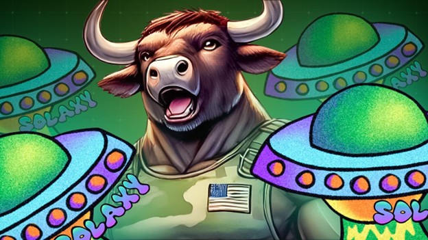 Illustration eines anthropomorphen Stiers in Militäruniform, umgeben von bunten UFOs mit der Aufschrift „SOLAKXY“, die die skurrile Essenz von Memecoins einfängt.
