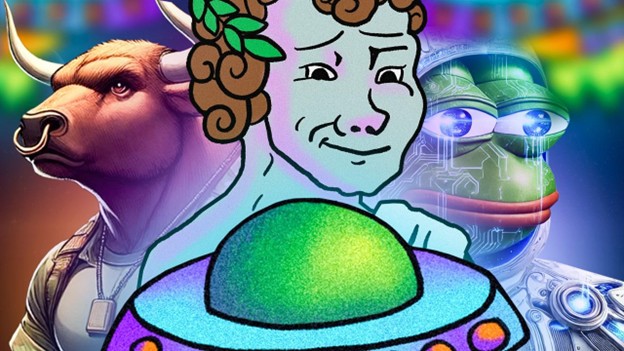Illustration einer Zeichentrickfigur mit einem bunten UFO, flankiert von einem Stier links und einem anthropomorphen Frosch mit digitalen Schaltkreisen rechts. Der Hintergrund strahlt in leuchtenden Farben und spiegelt die Innovationskraft von SOLX wider.