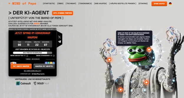 Ein humanoider Roboter mit einem grünen Froschgesicht hält zwei leuchtende Kugeln. Das Display wirbt für eine Vorbestellung des KI-Agenten „Mind of Pepe“ und hebt dessen Integration mit Memecoins hervor. Neben einem Countdown-Timer und einem Kauf-Button verfügt das Display über einen Knopf.