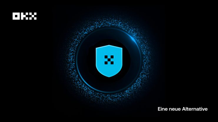 Ein blaues Schild mit einem Pixelmuster in der Mitte, umgeben von einem leuchtenden Ring, mit dem OKX-Logo und dem deutschen Text „Eine neue Alternative“ auf schwarzem Hintergrund.