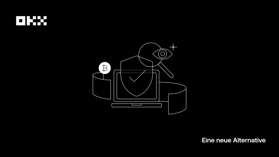 Eine minimalistische Grafik mit dem OKX-Logo, einem Laptop mit Schild, einem Bitcoin-Symbol und einer Lupe, alles vor einem schwarzen Hintergrund mit dem Text „Eine neue Alternative“.