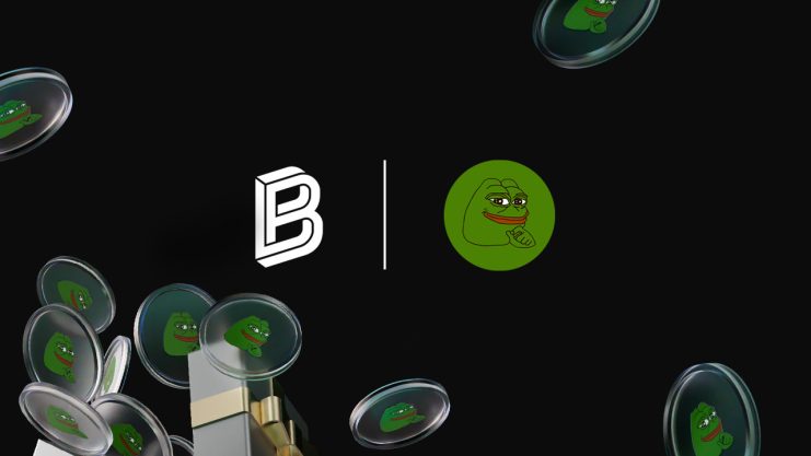 Ein stilisiertes „B“-Logo und ein Pepe-der-Frosch-Münzsymbol sind auf einem schwarzen Hintergrund zentriert, auf dem BONK und mehrere Pepe-Münzen herumschweben.