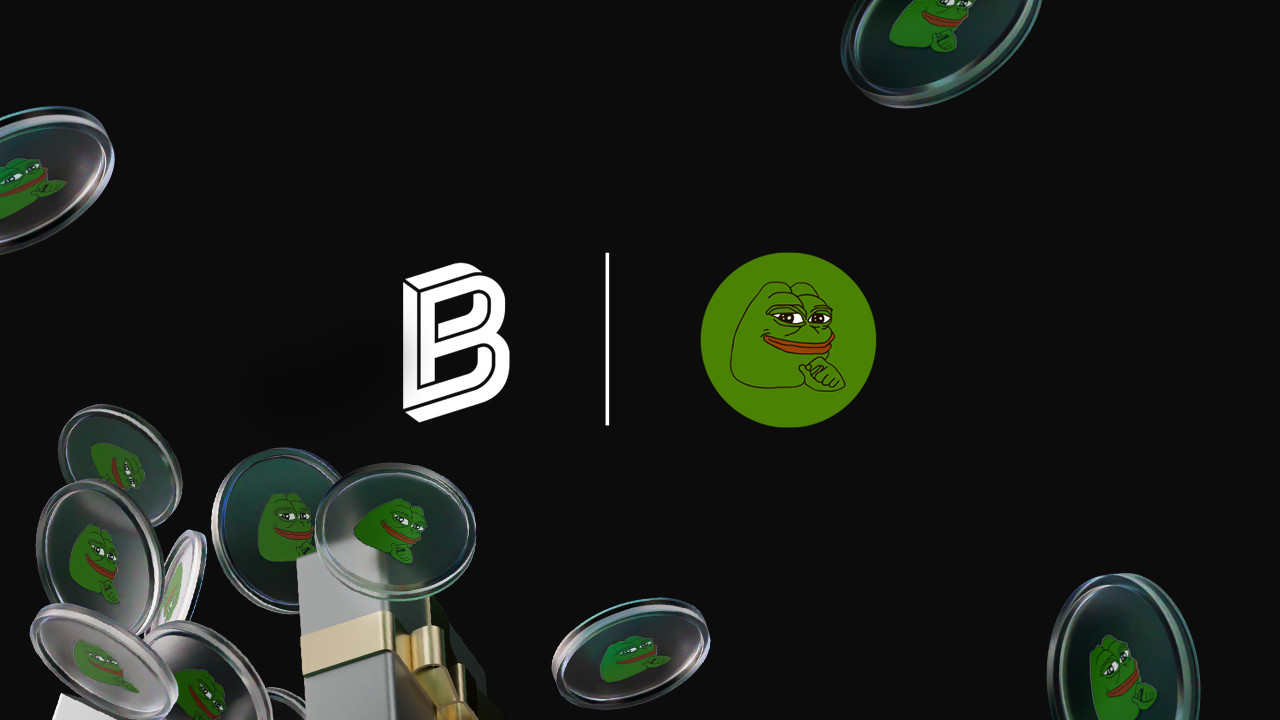 Ein stilisiertes „B“-Logo und ein Pepe-der-Frosch-Münzsymbol sind auf einem schwarzen Hintergrund zentriert, auf dem BONK und mehrere Pepe-Münzen herumschweben.