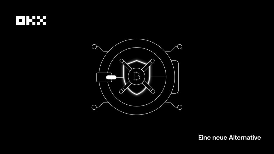 Eine digitale Illustration einer Tresortür mit einem markanten Bitcoin-Symbol in der Mitte, dem OKX-Logo oben links und dem Text „Eine neue Alternative“ unten rechts auf einem eleganten schwarzen Hintergrund.