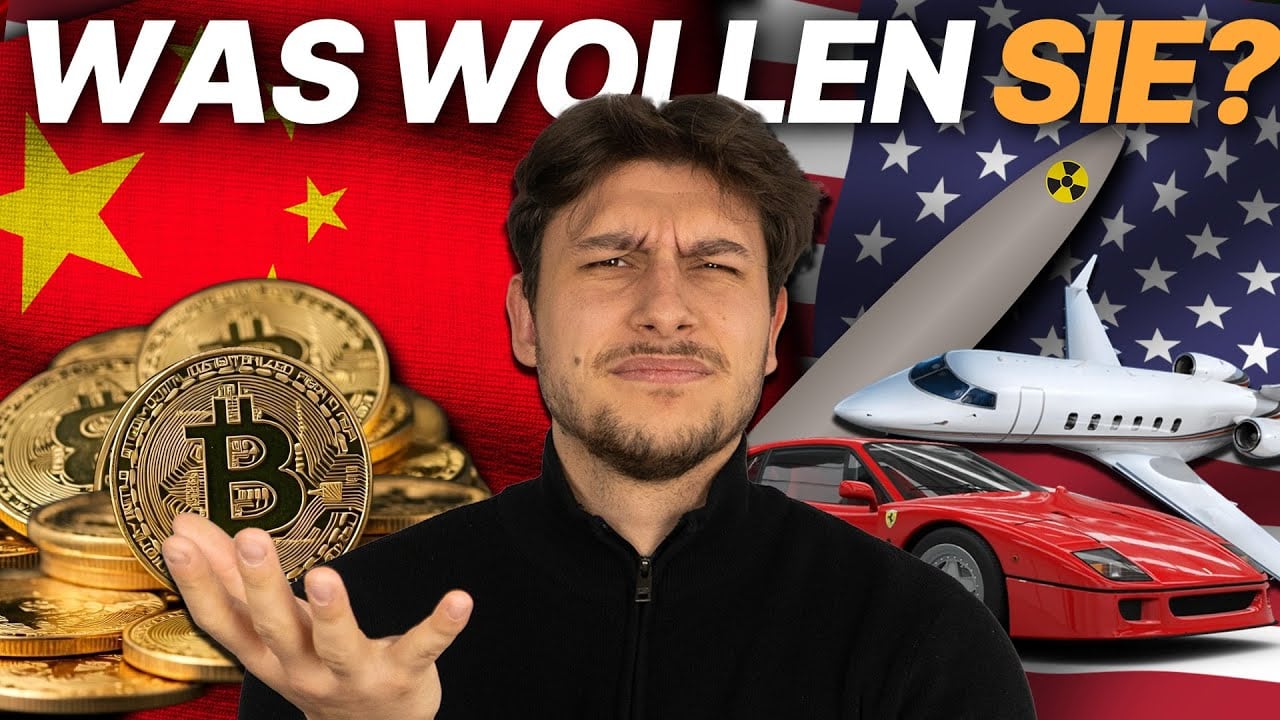 Ein Mann zuckt vor chinesischen und US-amerikanischen Flaggen, neben Bitcoin-Münzen, einem Jet und einem Ferrari mit der Aufschrift „Was wollen Sie?“ mit den Schultern und fängt die Spannung ein, während die Länder den Atem anhalten.