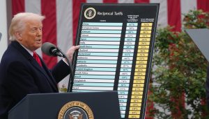 Donald Trump hält ein Schild in der Hand, auf dem die Zoll-Tarife abgebildet sind
