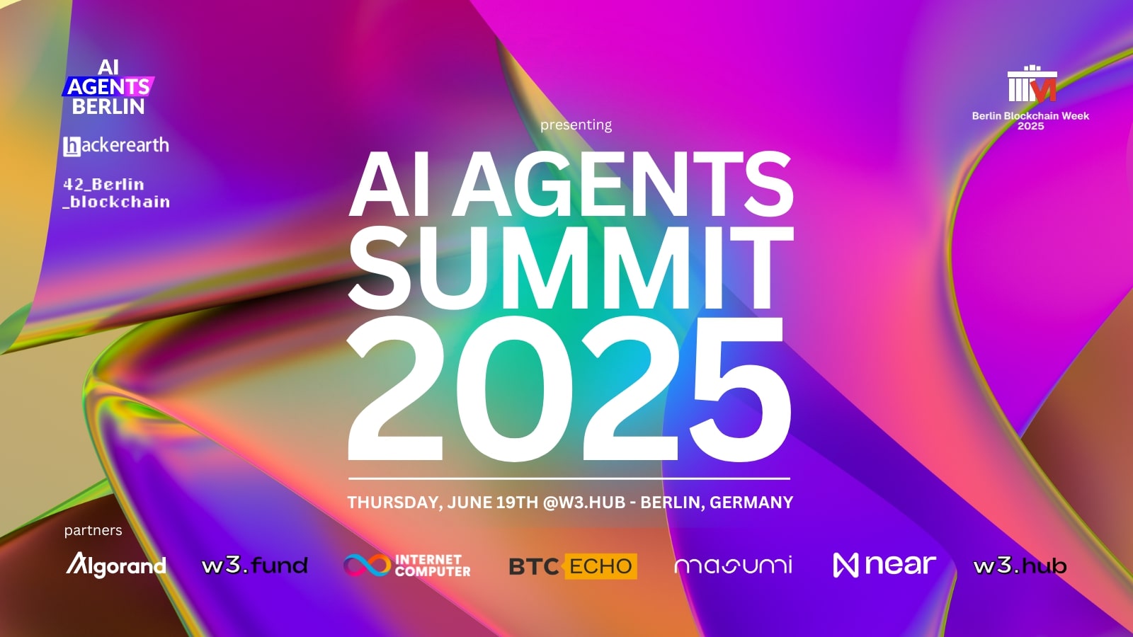 Farbenfrohe Werbegrafik für den AI Agents Summit 2025. Veranstaltung am 19. Juni im W3.Hub in Berlin. Mit Logos verschiedener Partner, darunter Algorand und Internet Computer.